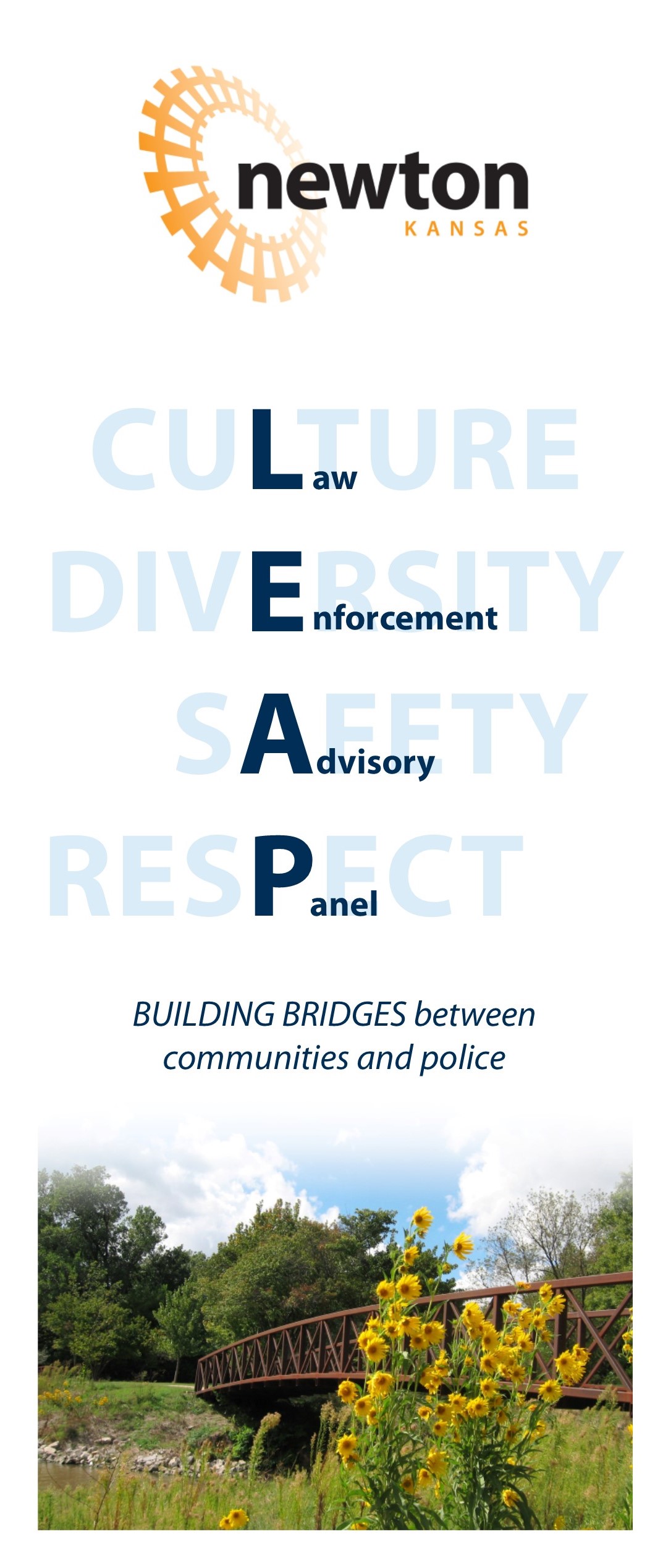 LEAP brochure. Text: Culture, Diversity, Safety, Respect; Building Bridges between Communities and Police